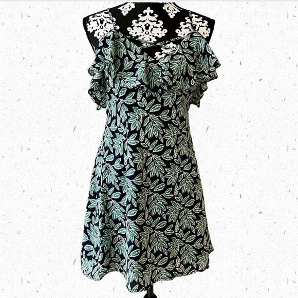 VERNACULAR Off the Shoulder Spaghetti Strap Ruffle Sun Dress Navy Green Small - Picture 1 of 11